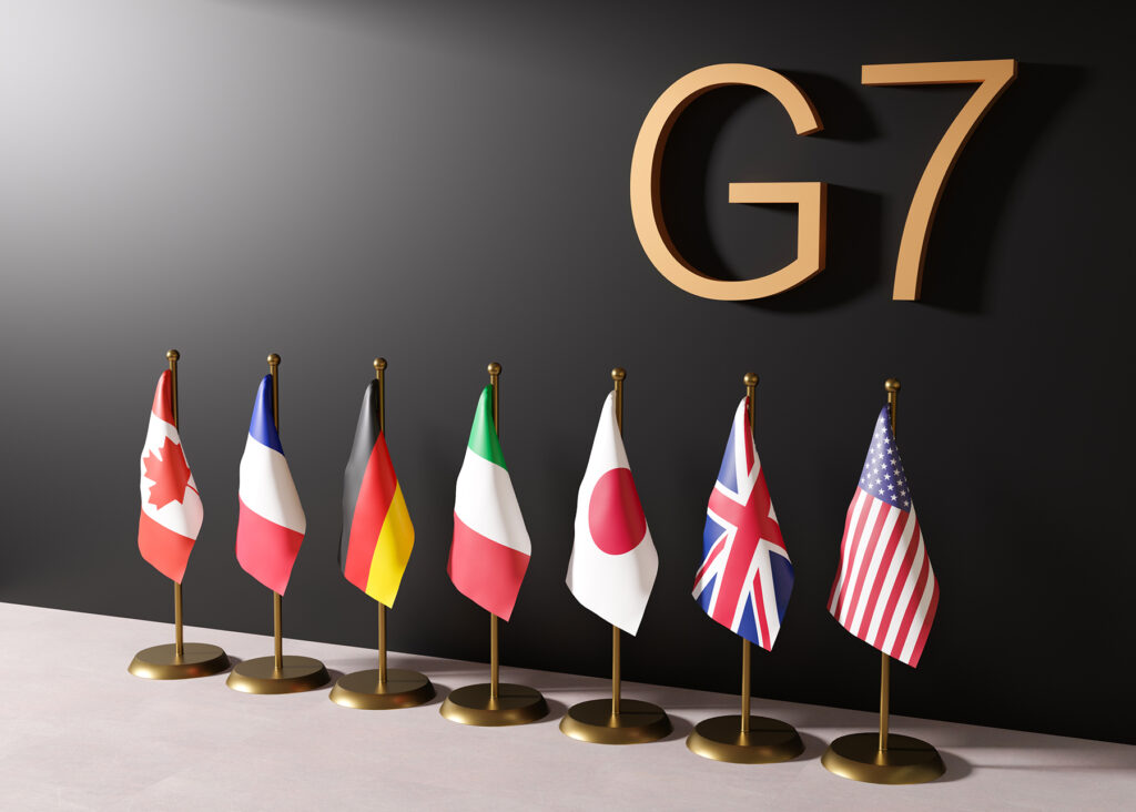 Flags Of G7, Group Of Seven Countries: Canada, France, Germany, Italy, Japan, Uk, Usa. G7 Summit Is An Inter Governmental Political Forum. World Economy, Global Trade, Economic Policy. 3d Rendering.