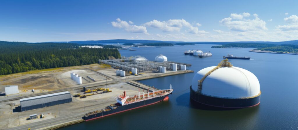 Aerial Drone Capturing An Ultra Wide Panoramic Photo Of A Liquified Natural Gas (lng) Tanker